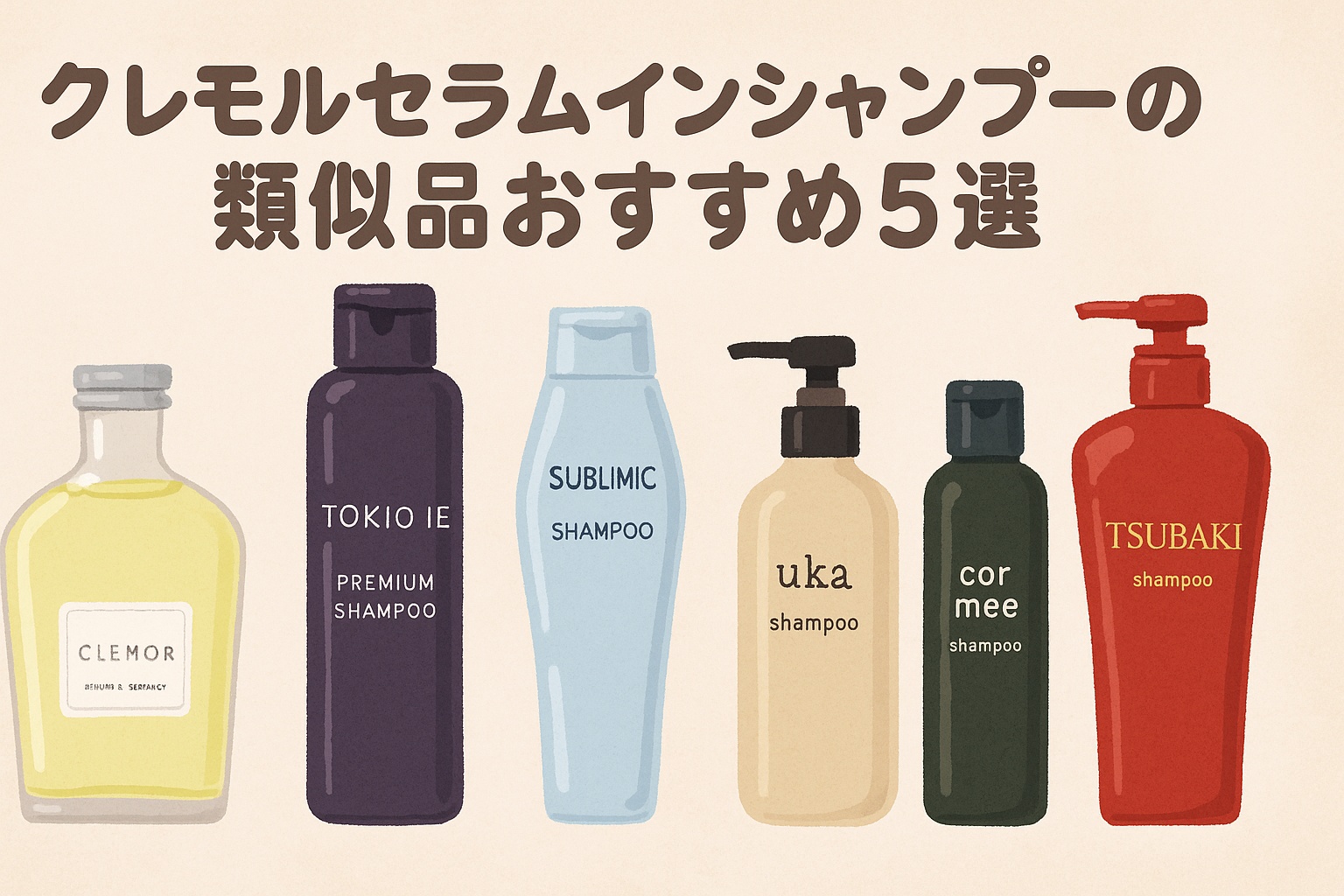 クレモルセラムインシャンプーの類似品おすすめ5選。CLEMOR・TOKIO IE・SUBLIMIC・uka・コアミー・TSUBAKIなど人気シャンプーを並べたイラスト風デザイン