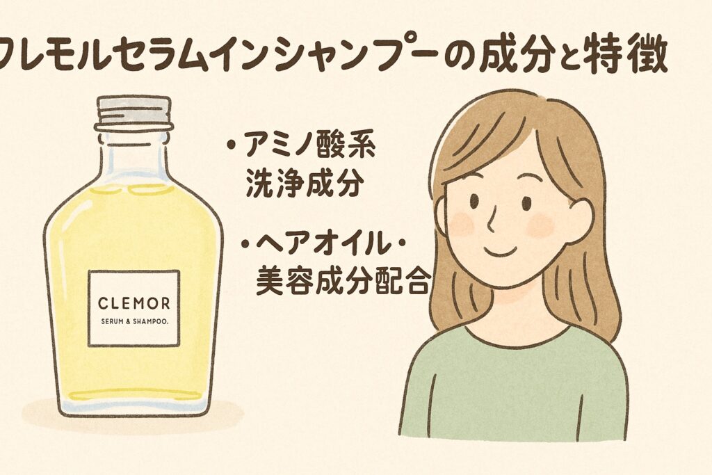 クレモルセラムインシャンプーの成分と特徴を紹介するイラスト。CLEMORボトルと女性イラスト、アミノ酸系洗浄成分