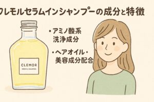 クレモルセラムインシャンプーの成分と特徴を紹介するイラスト。CLEMORボトルと女性イラスト、アミノ酸系洗浄成分